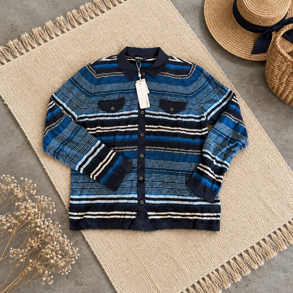 Minnie Rose Womens XL Blue Striped Knit Button Front Cardigan Sweater NWT